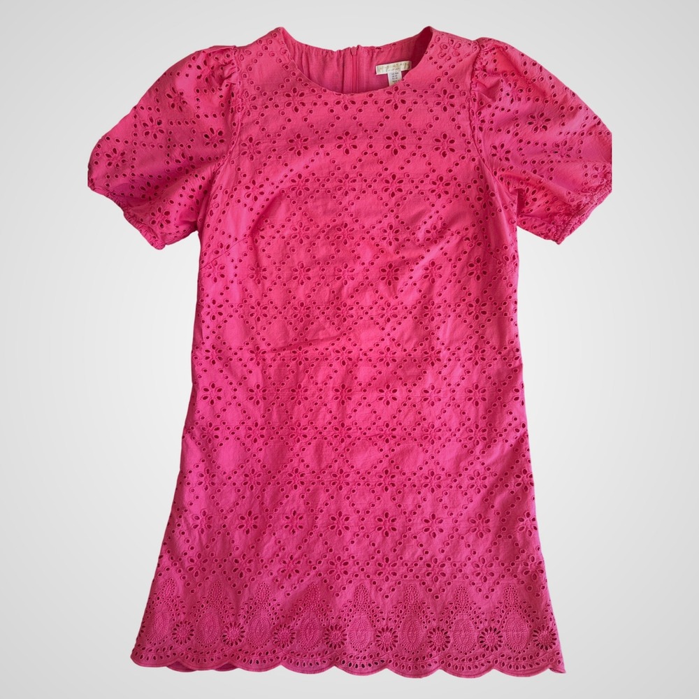 London Times Woman Pink Eyelet Cotton Shift Dress Scallop Hem Plus Size 16W